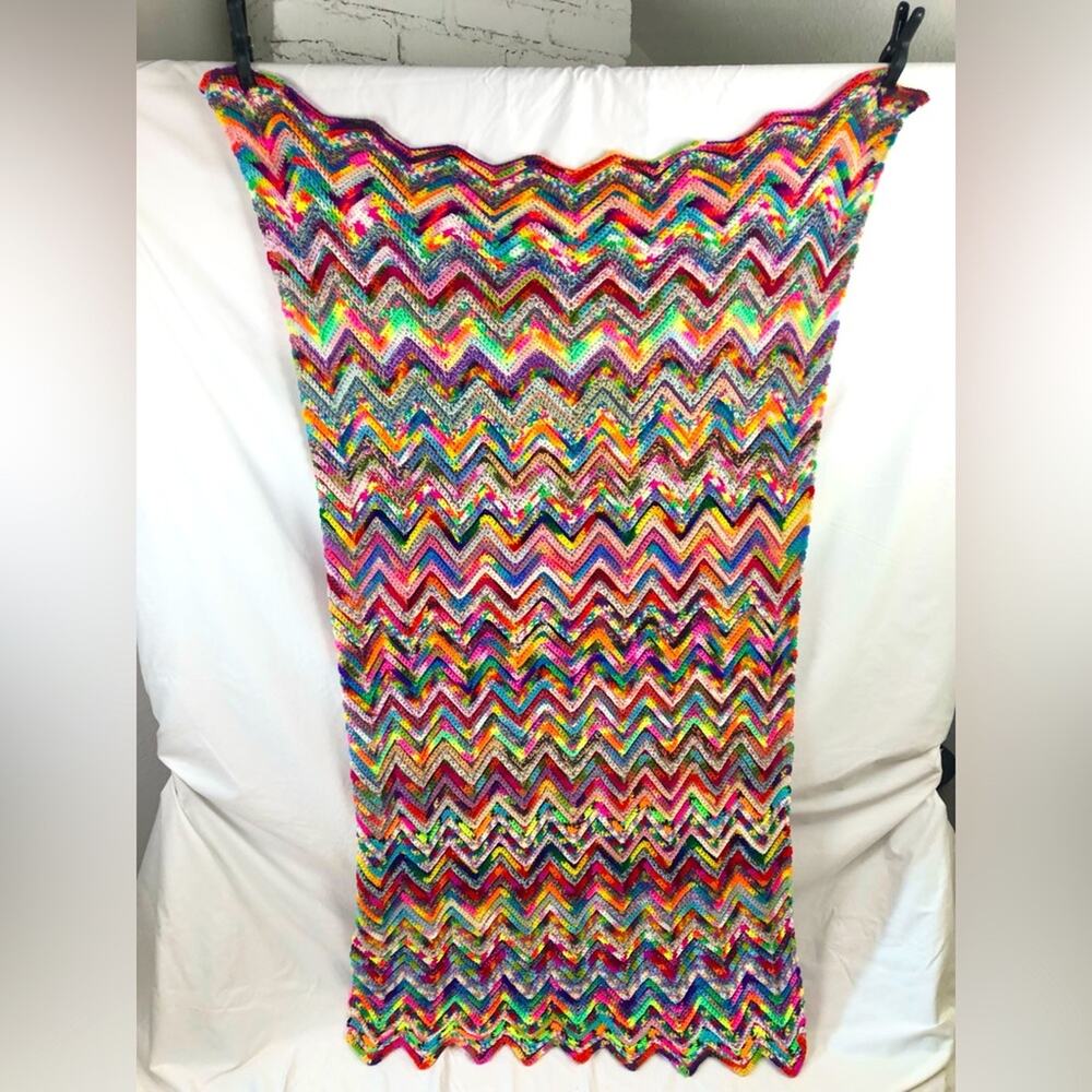 Vintage Hand Crocheted Zig Zag Rainbow Blanket